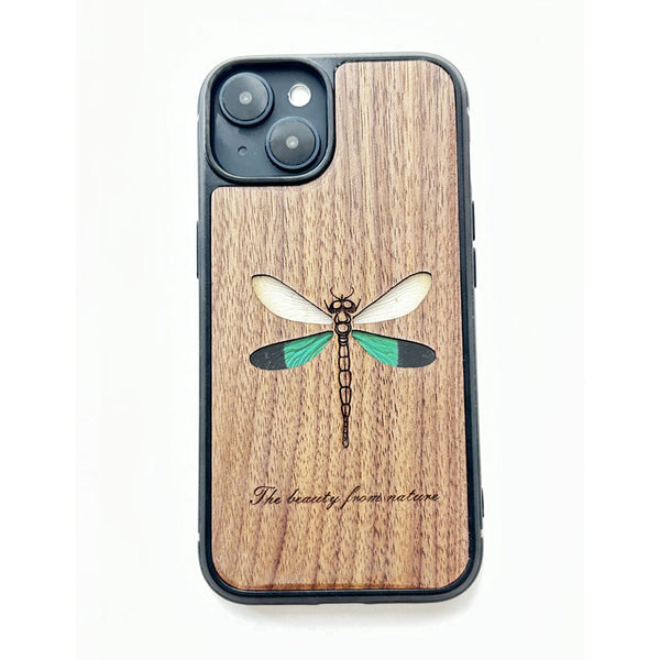 Wooden iPhone case supports custom text - Green dragonfly