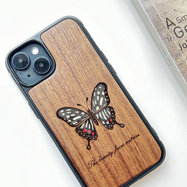 Wooden iPhone case supports custom text-Red Ring Skirt Butterfly