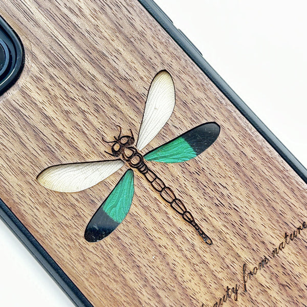 Wooden iPhone case supports custom text - Green dragonfly