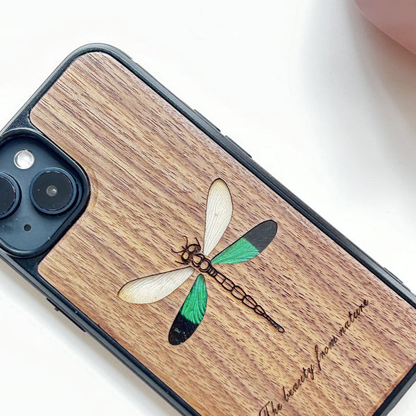 Wooden iPhone case supports custom text - Green dragonfly