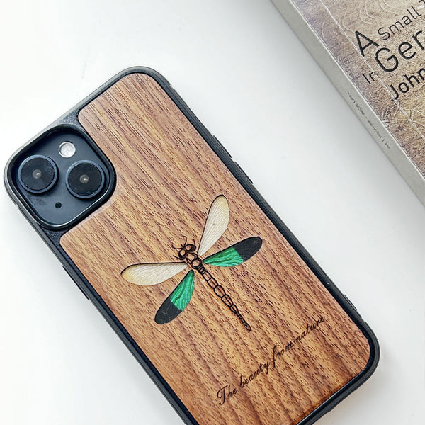 Wooden iPhone case supports custom text - Green dragonfly